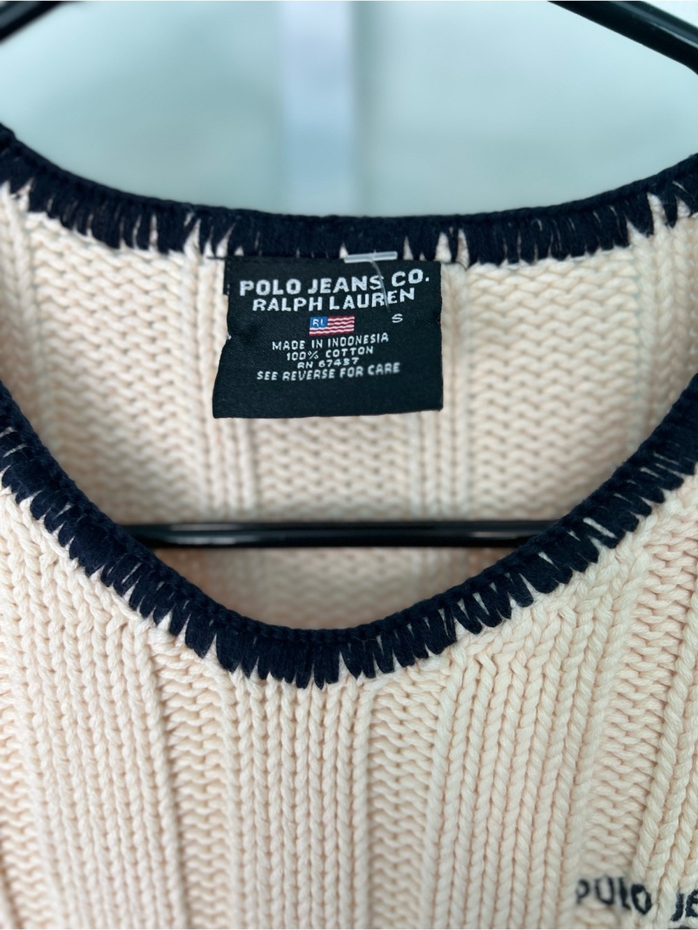 VTG Y2K Polo Jeans Co Ralph Lauren Flag Knit Sweater Cream Navy Blue Trim Small - Picture 3 of 8